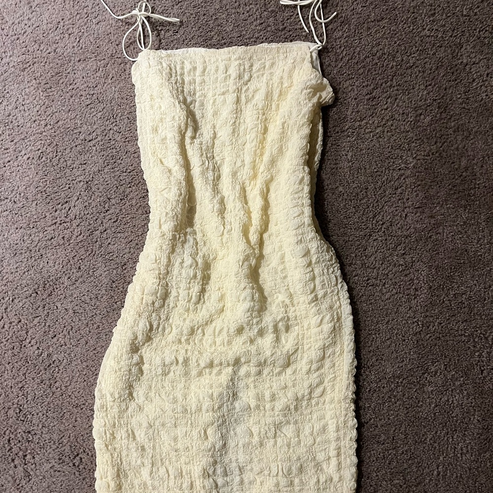 Strapless Cream Textured Midi Dress with Tie Straps